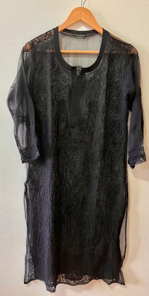 Long Kurti - Chiffon Lucknawi Chikankari - Jet Black-pic2.webp