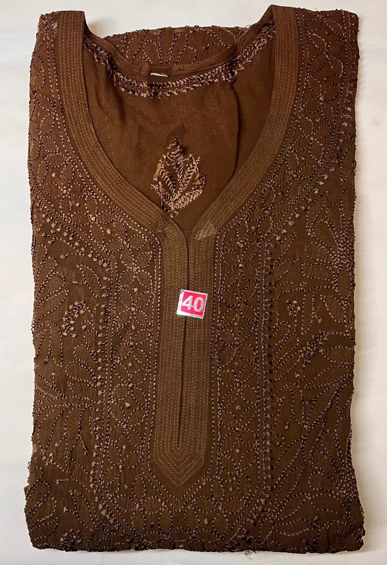 Long Kurti - Chiffon Lucknawi Chikankari - Chocolate Brown