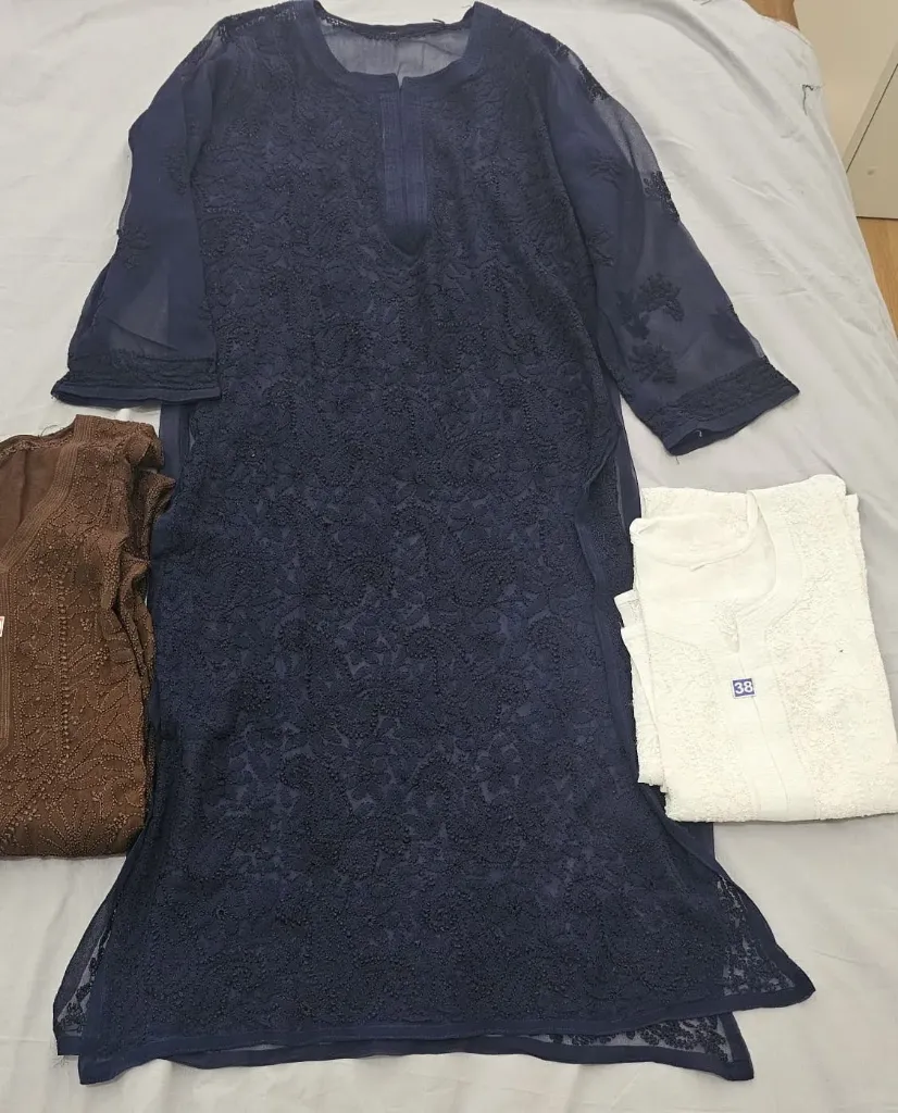 Long Kurti - Chiffon Lucknawi Chikankari - Navy Blue