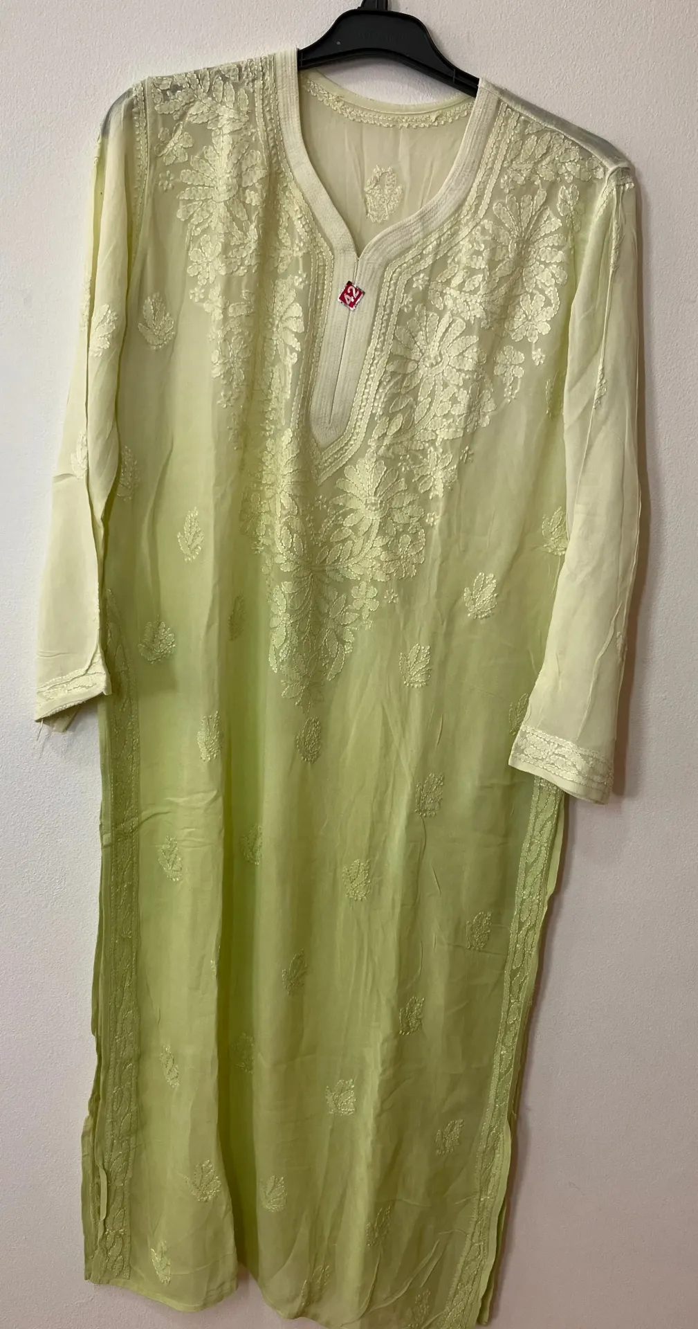 Long Kurti - Chiffon Lucknawi Chikankari - Shaded pista green