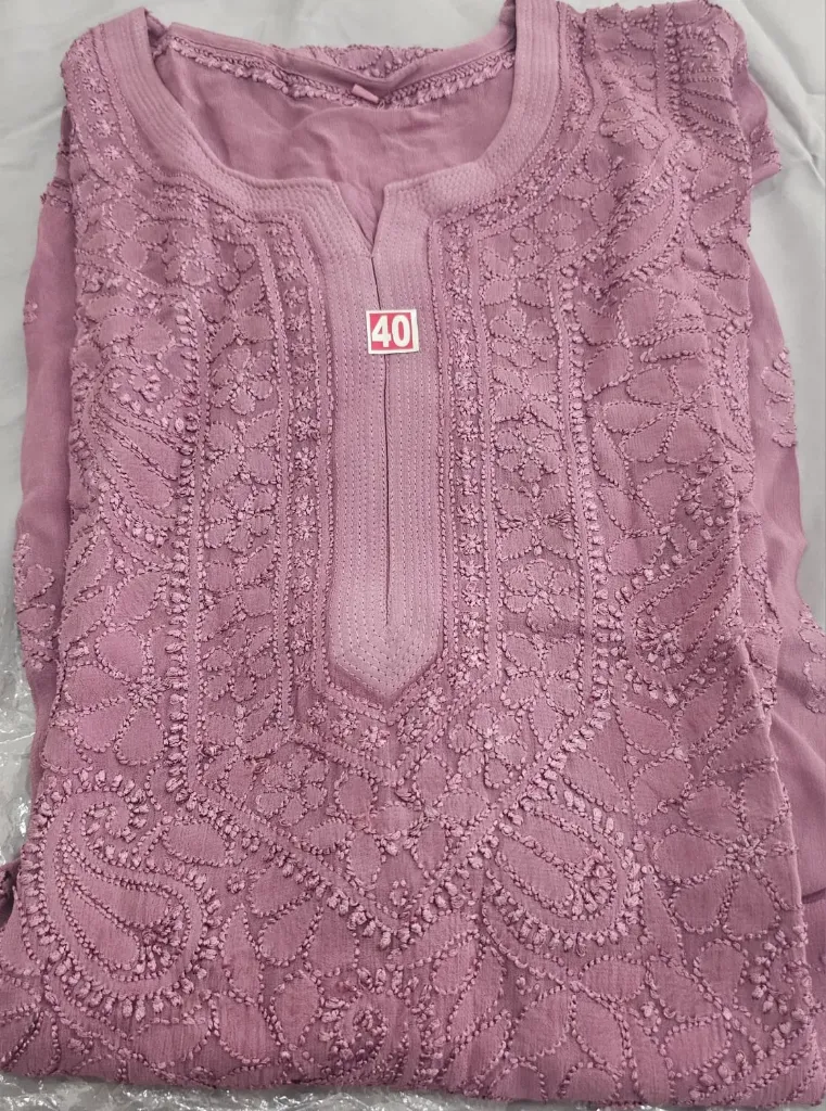 Long Kurti - Chiffon Lucknawi Chikankari - Rose Pink