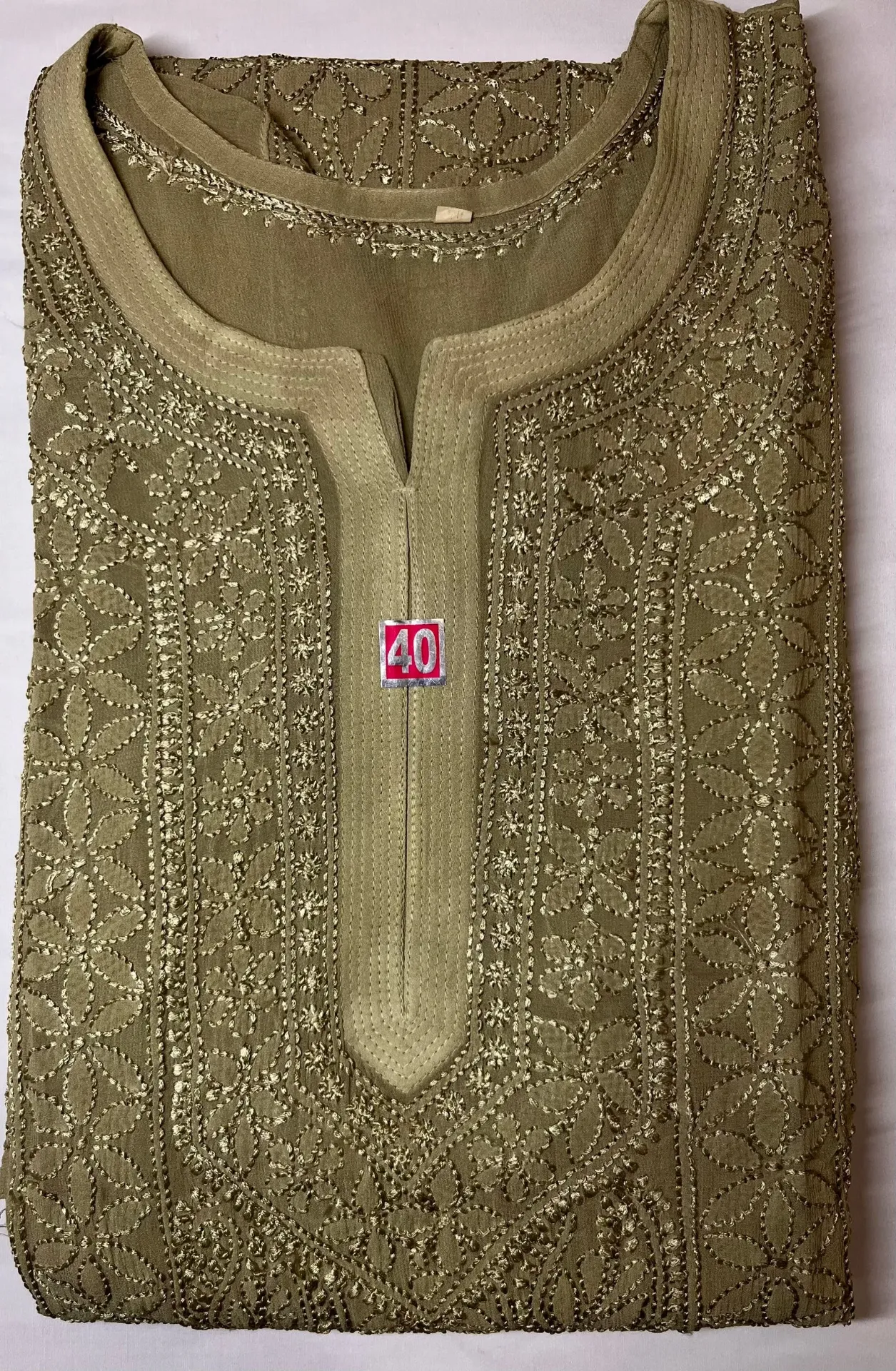 Long Kurti - Chiffon Lucknawi Chikankari - Olive Beige