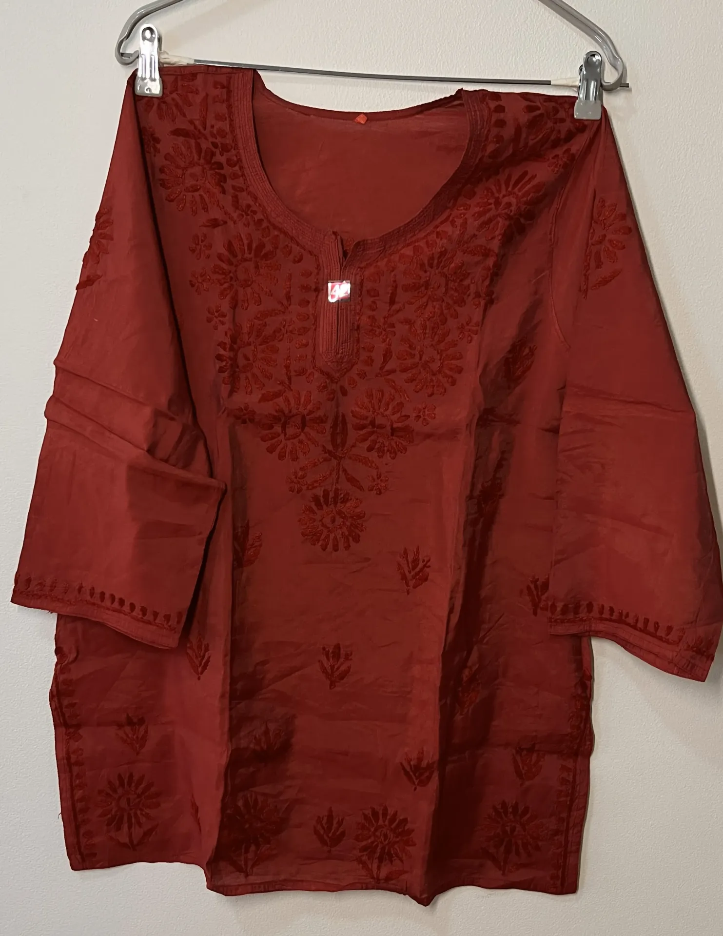 Short Kurti - Silk Cotton Lucknawi Chikankari - Brick Red