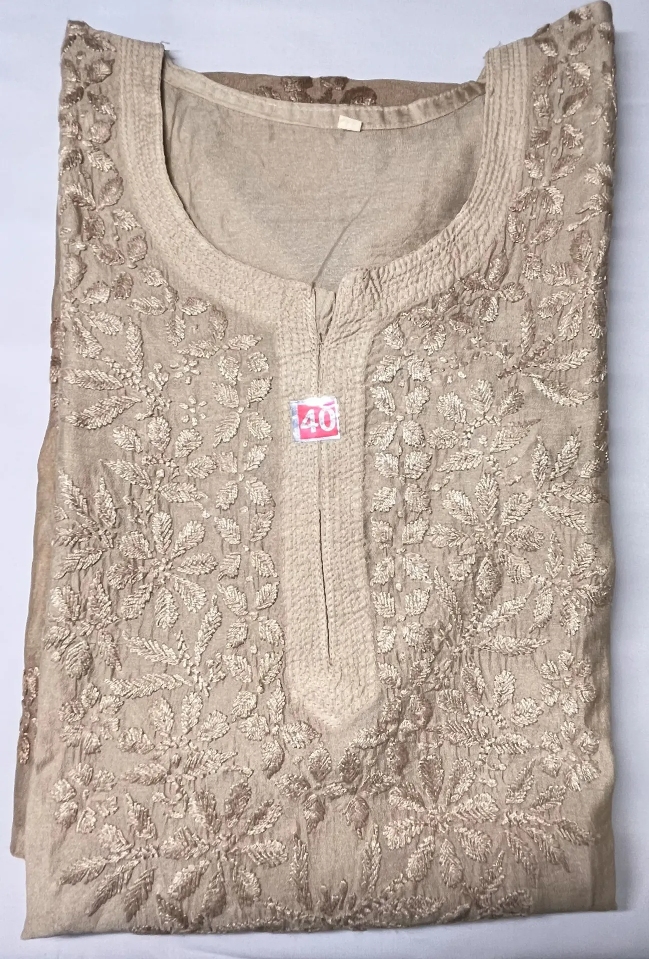 Long Kurti - Chanderi Cotton Lucknawi Chikankari -Soft Ivory with gold polka