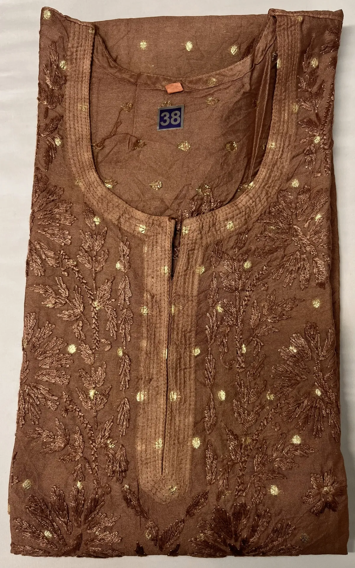 Long Kurti - Chanderi Cotton Lucknawi Chikankari -Copper Brown with gold polka