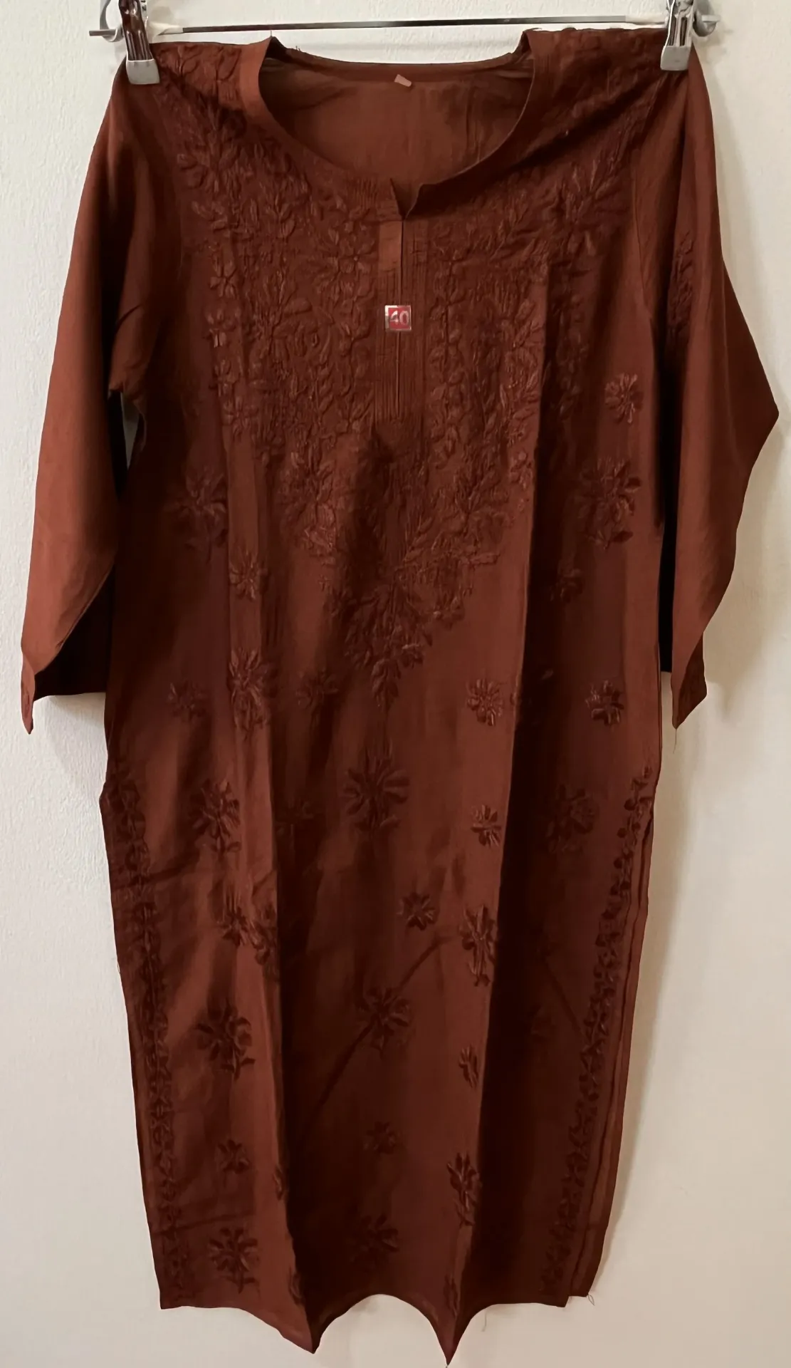 Long Kurti - Ryon Cotton Lucknawi Chikankari - Brick Brown