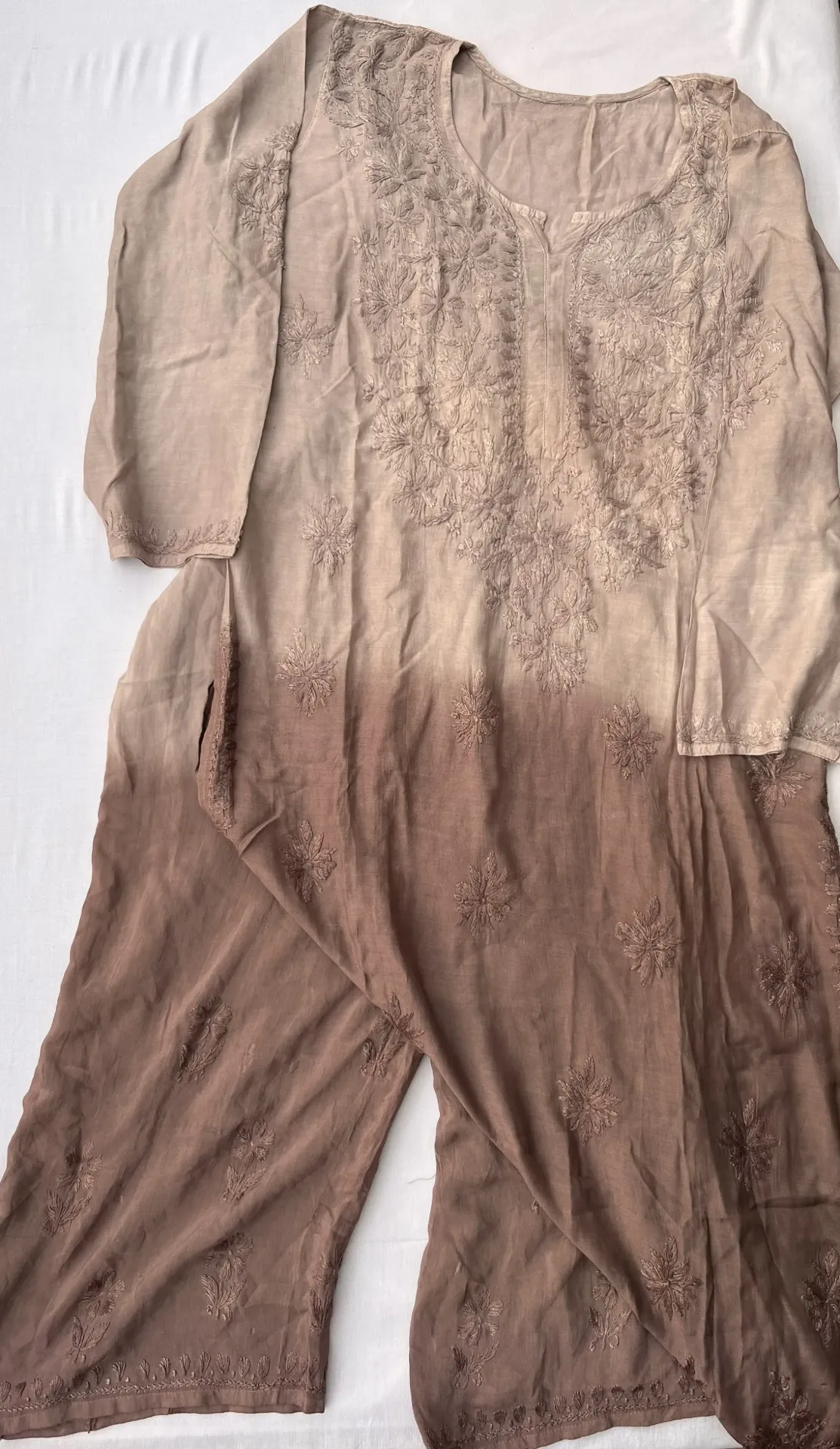 Long Kurti with Plazzo - Ryon Cotton Lucknawi Chikankari - Shaded Brown Beige